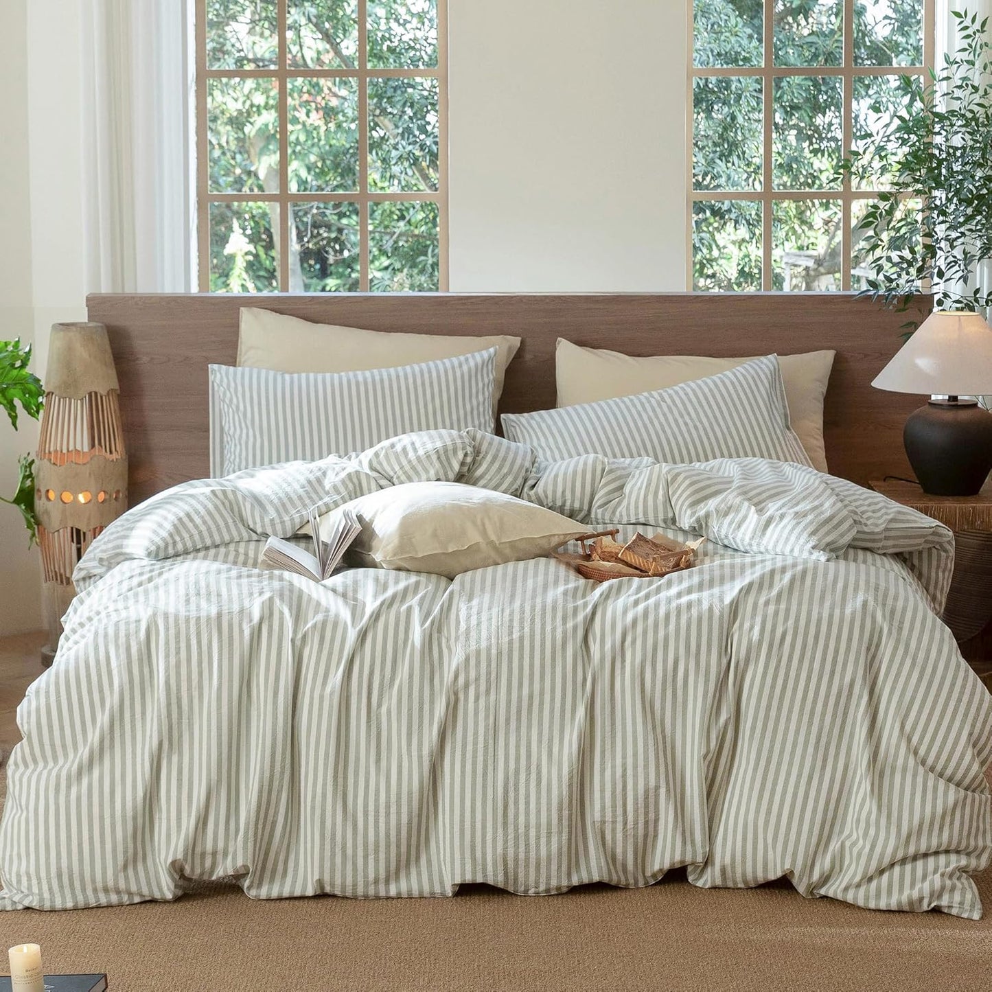 MooMee Striped Duvet Cover Set in Sage Green for Super Queen