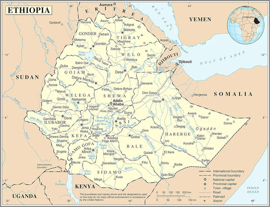 Ethiopia Political Map with Roads & Cities 24x31