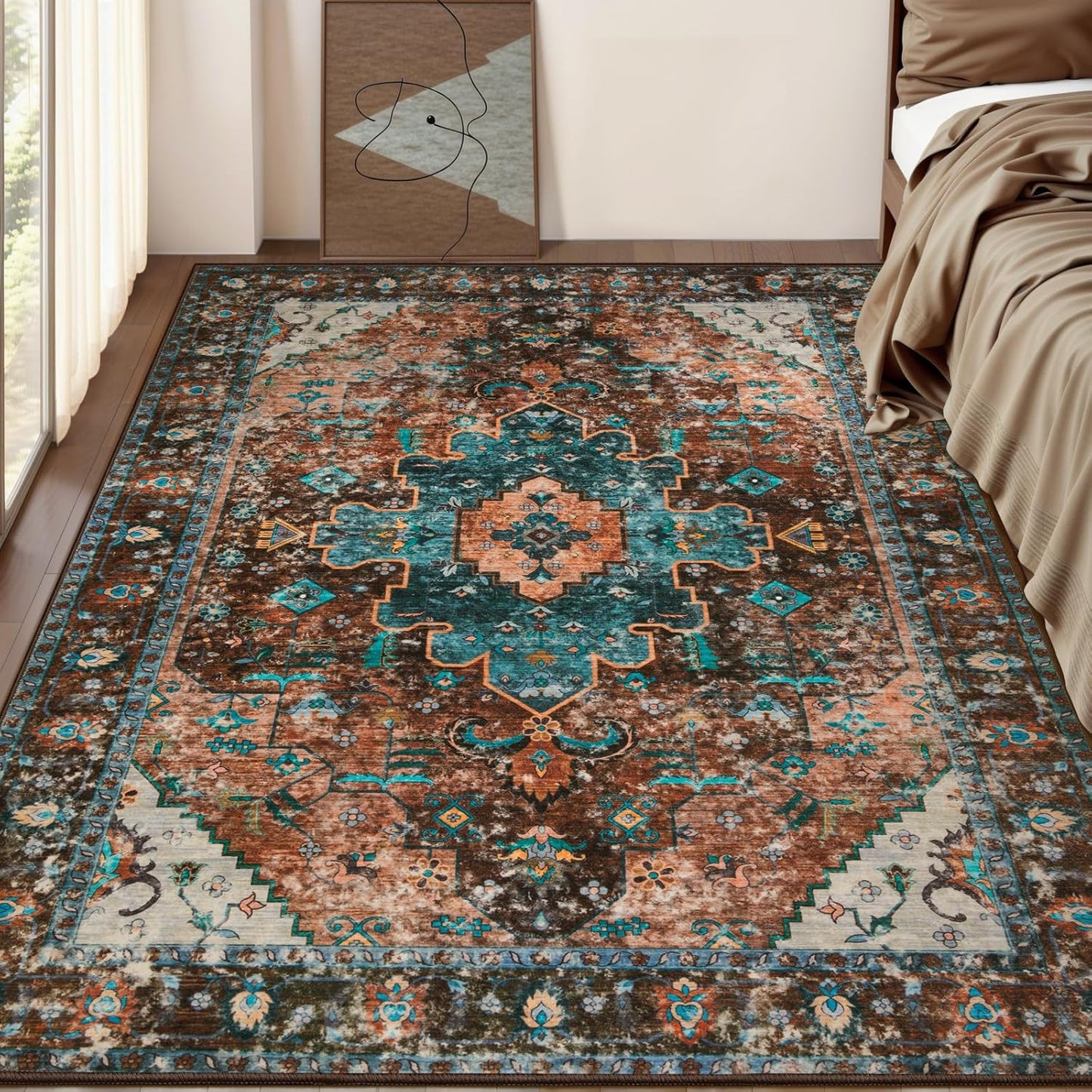 Ciicool Boho Area Rug - Vintage Non-Slip Low-Pile Carpet