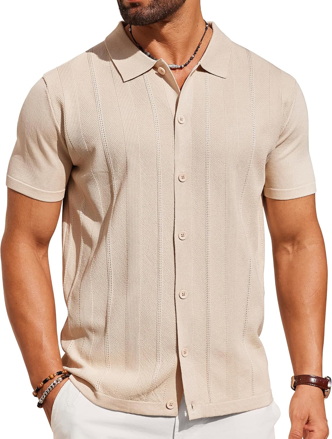 COOFANDY Mens Knit Shirt Short Sleeve Casual Vintage Polo Style