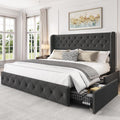 King Size Platform Bed Frame with 4 Storage Drawers - Tufted Linen