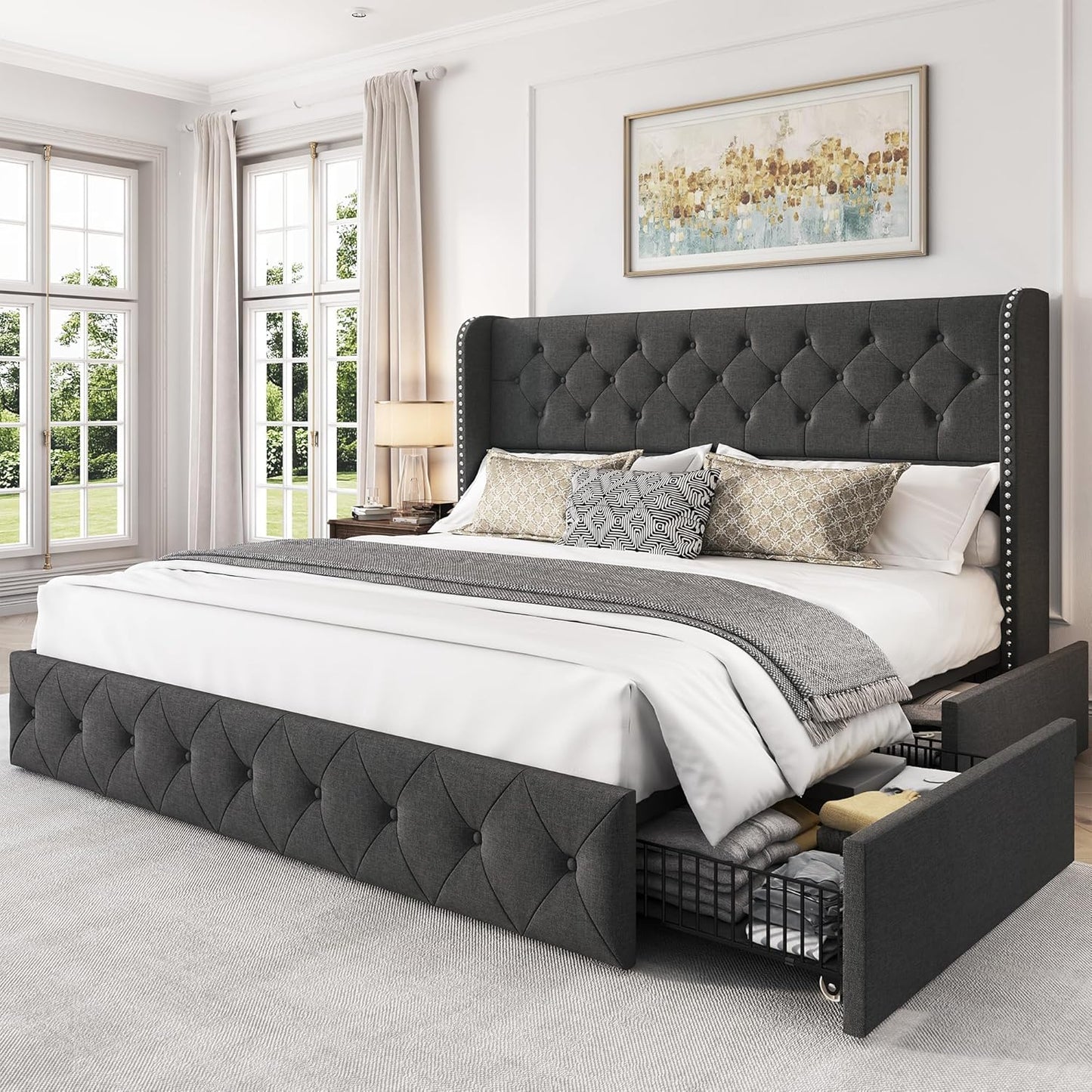 LARMACE King Size Platform Bed Frame with Storage Drawers
