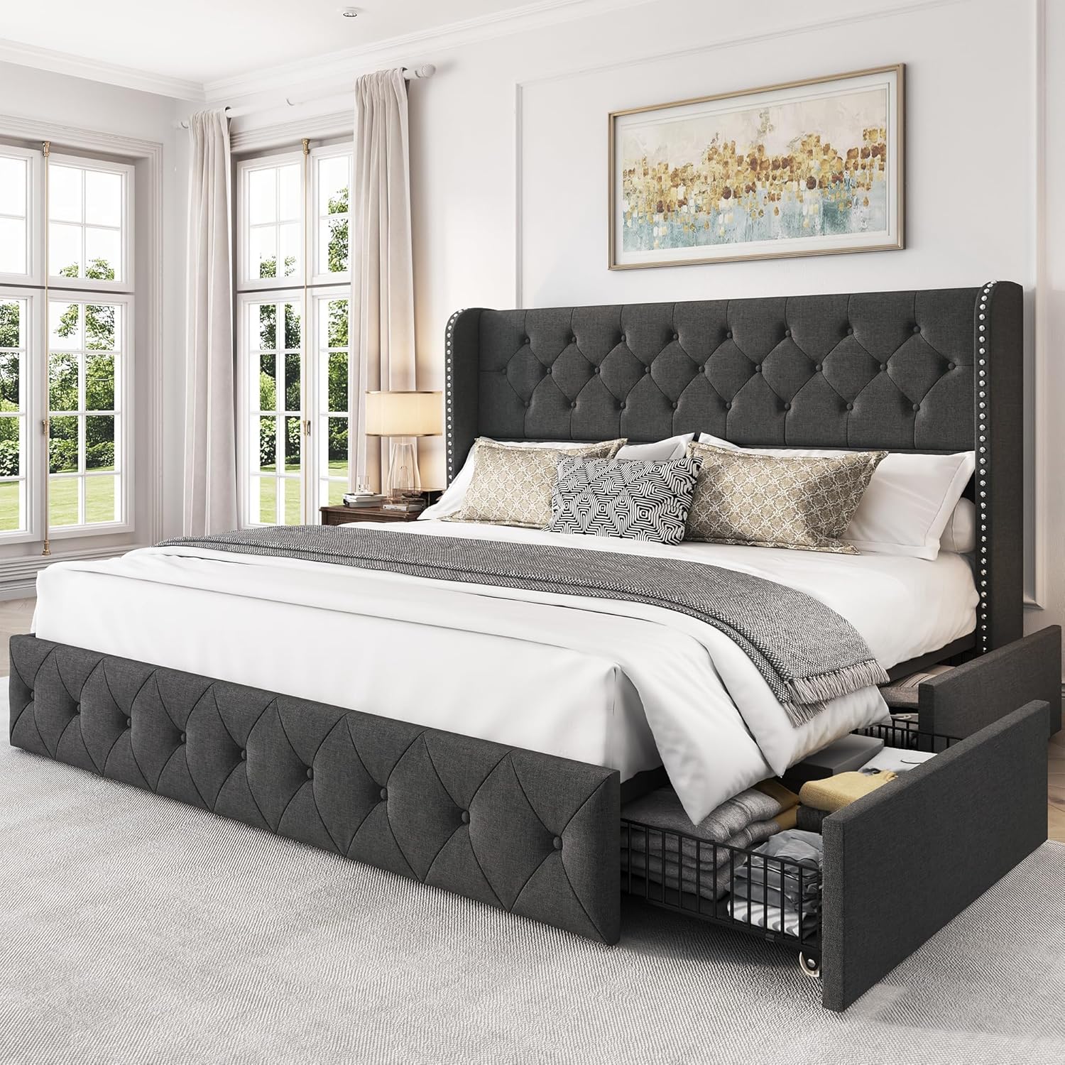 LARMACE King Size Platform Bed Frame with Storage Drawers