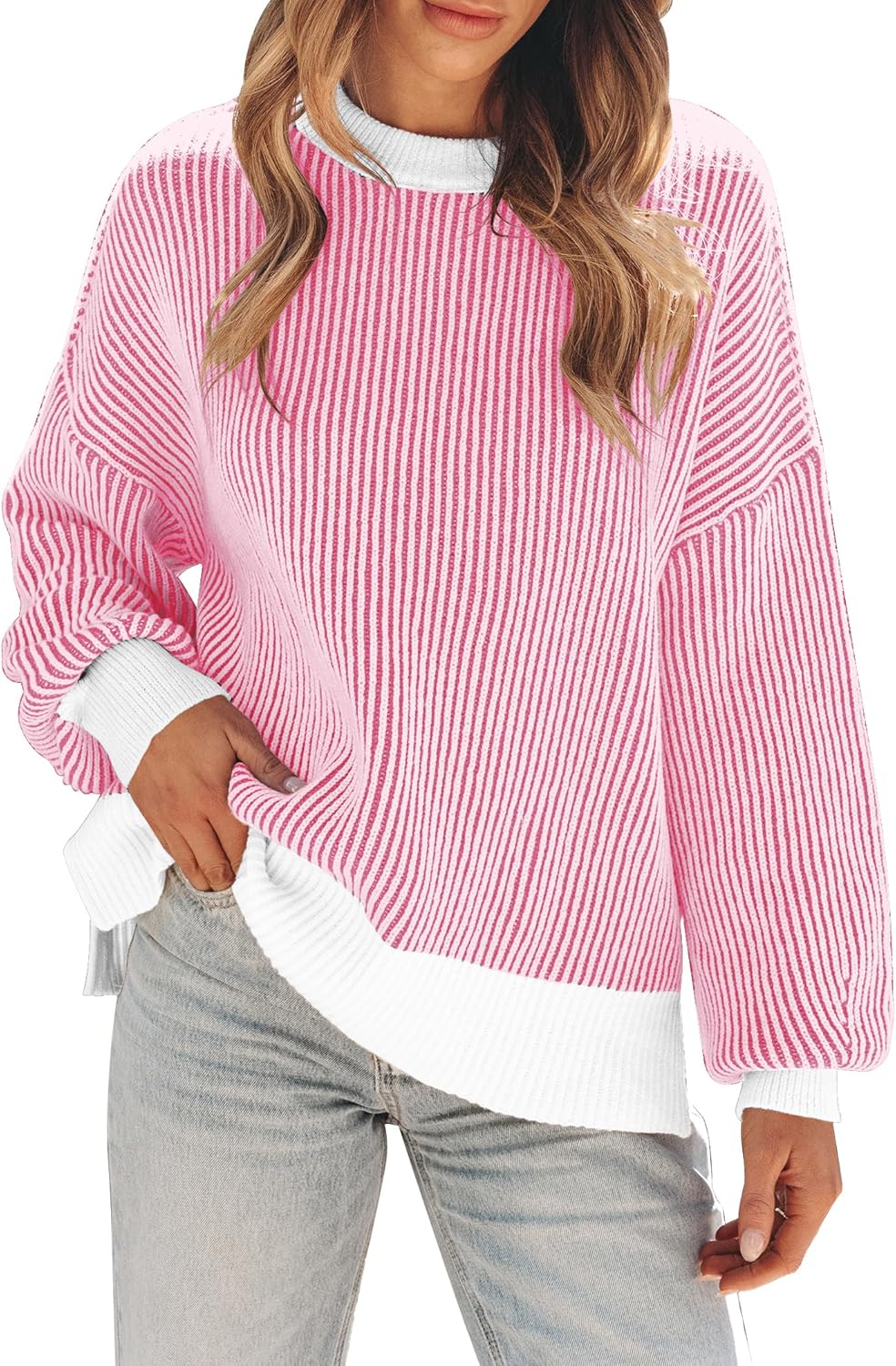 Womens Oversized Colorblock Striped Knit Pullover Sweater