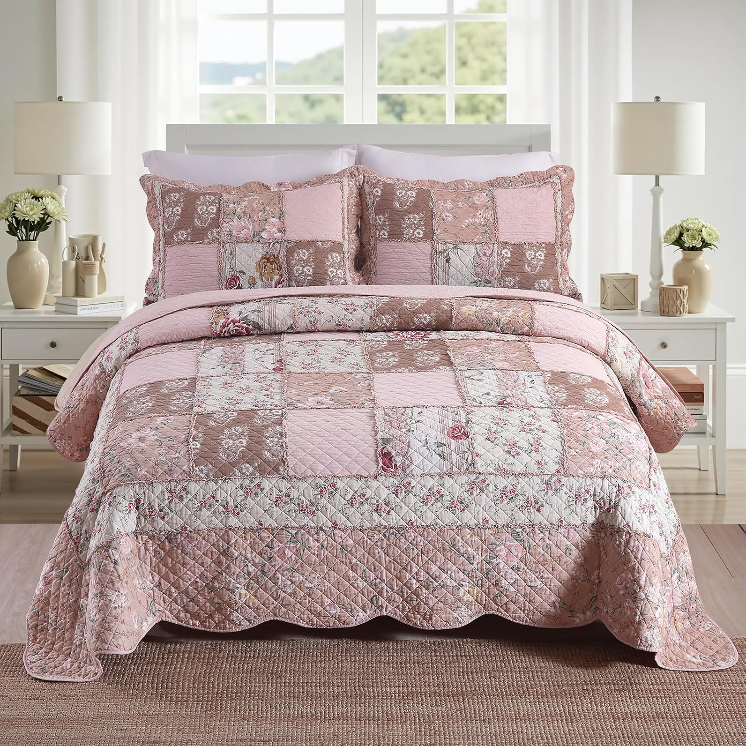 NEWLAKE Quilt Set Queen Size with Pink Floral Design and Shams