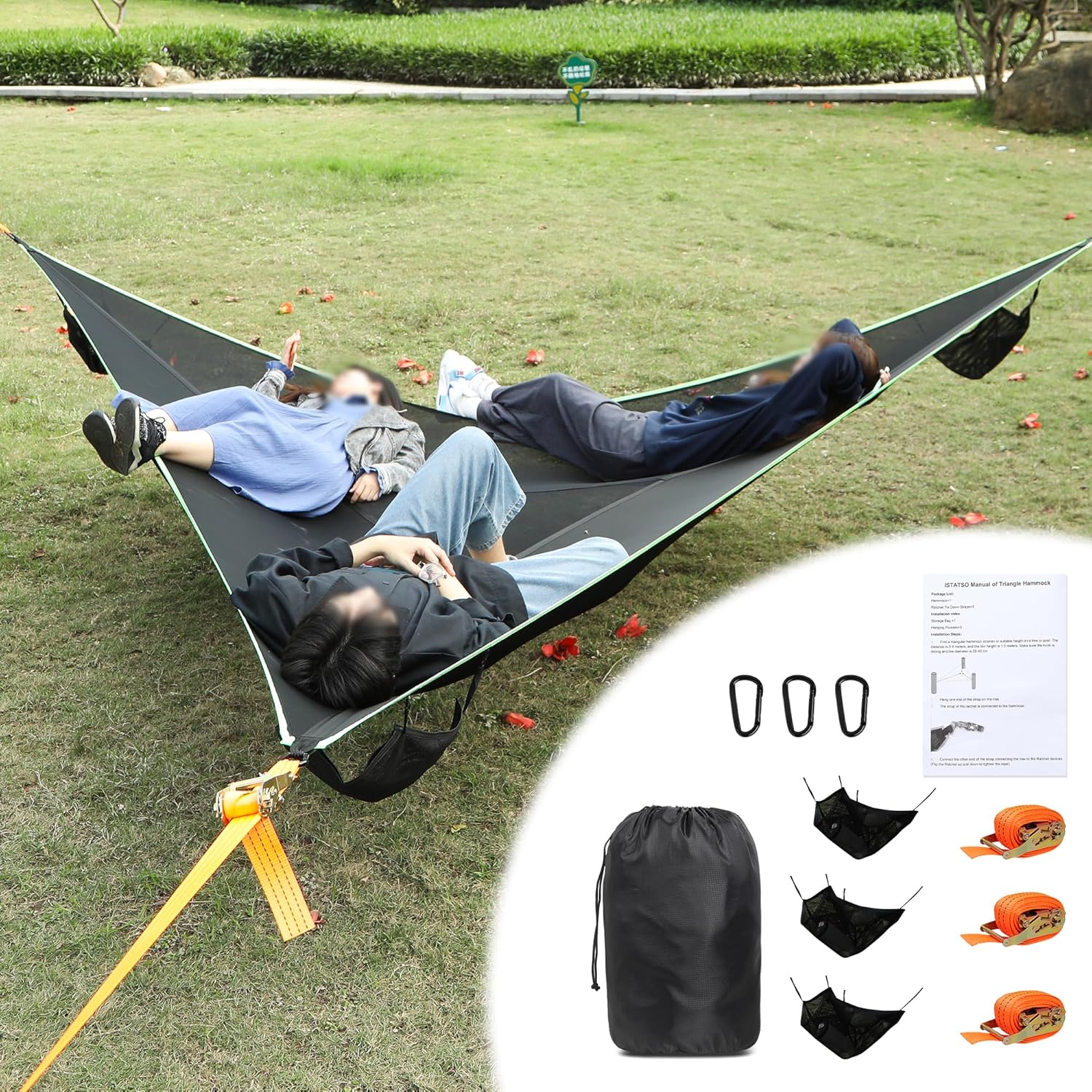 ISTATSO Triangle Camping Hammock Set - Max 800 Lbs, 3 Straps, Portable Bag