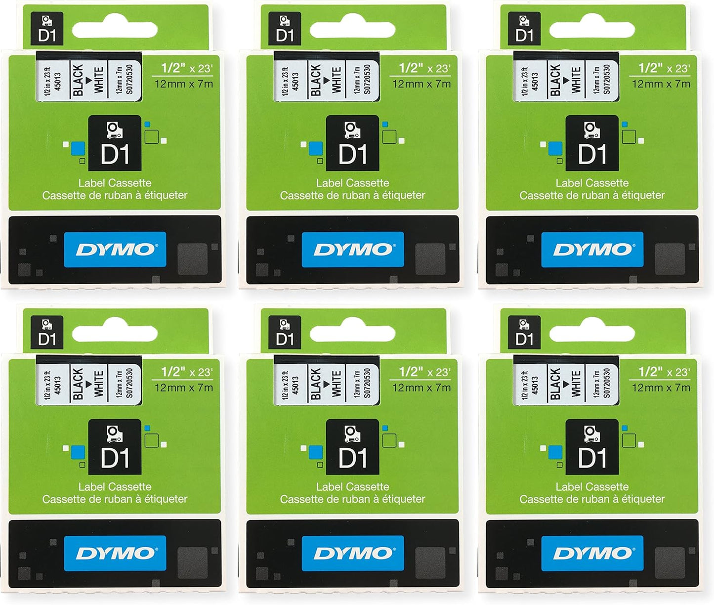 Dymo D1 Standard Tape Cartridge, 1/2in x 23ft, Pack of 6