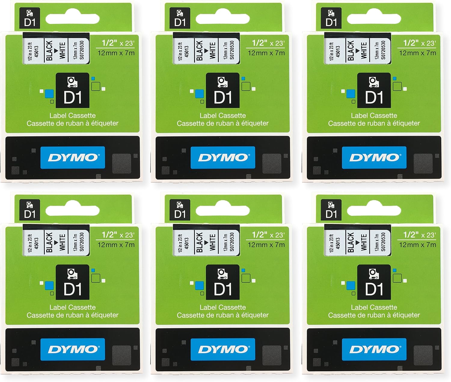 Dymo D1 Standard Tape Cartridge, 1/2in x 23ft, Pack of 6