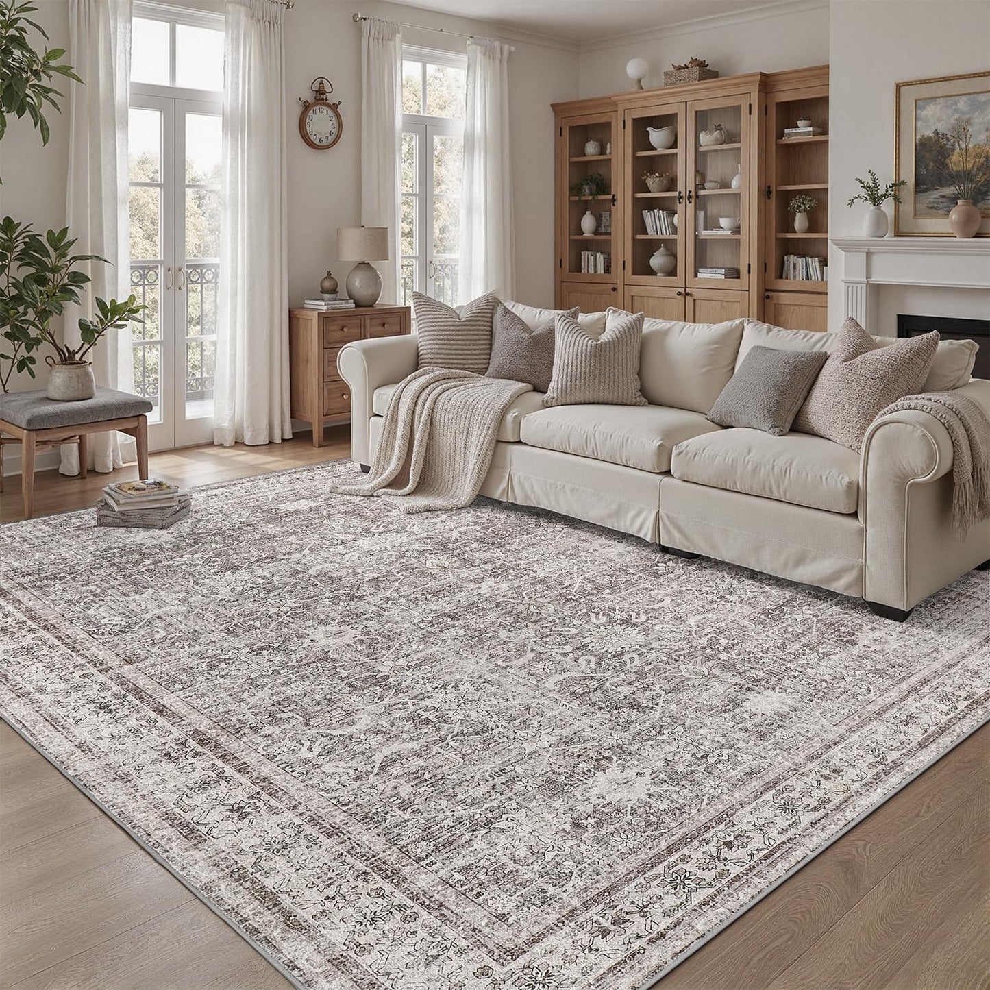 Machine Washable Beige and Grey Area Rug 5x7 for Home Use