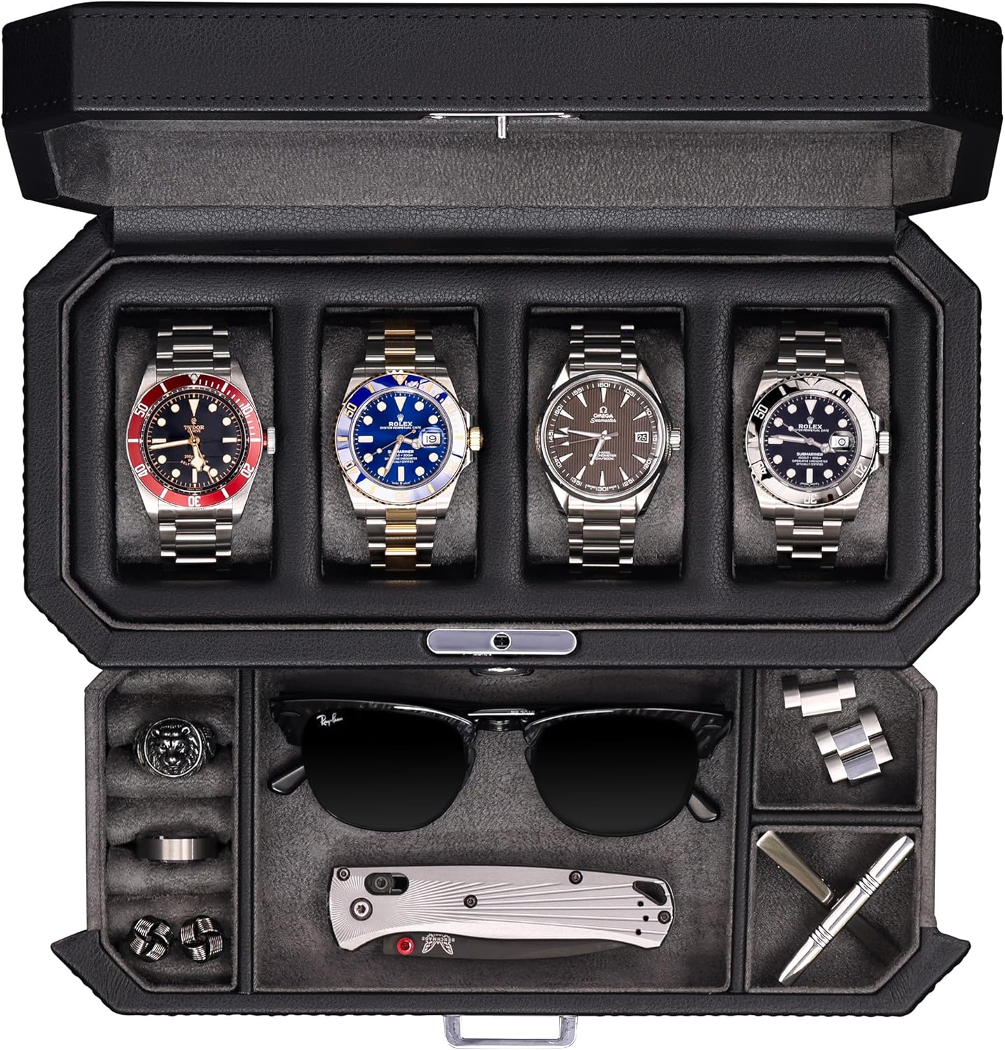 ROTHWELL 4 Slot Leather Watch Box with Valet Drawer for Luxury