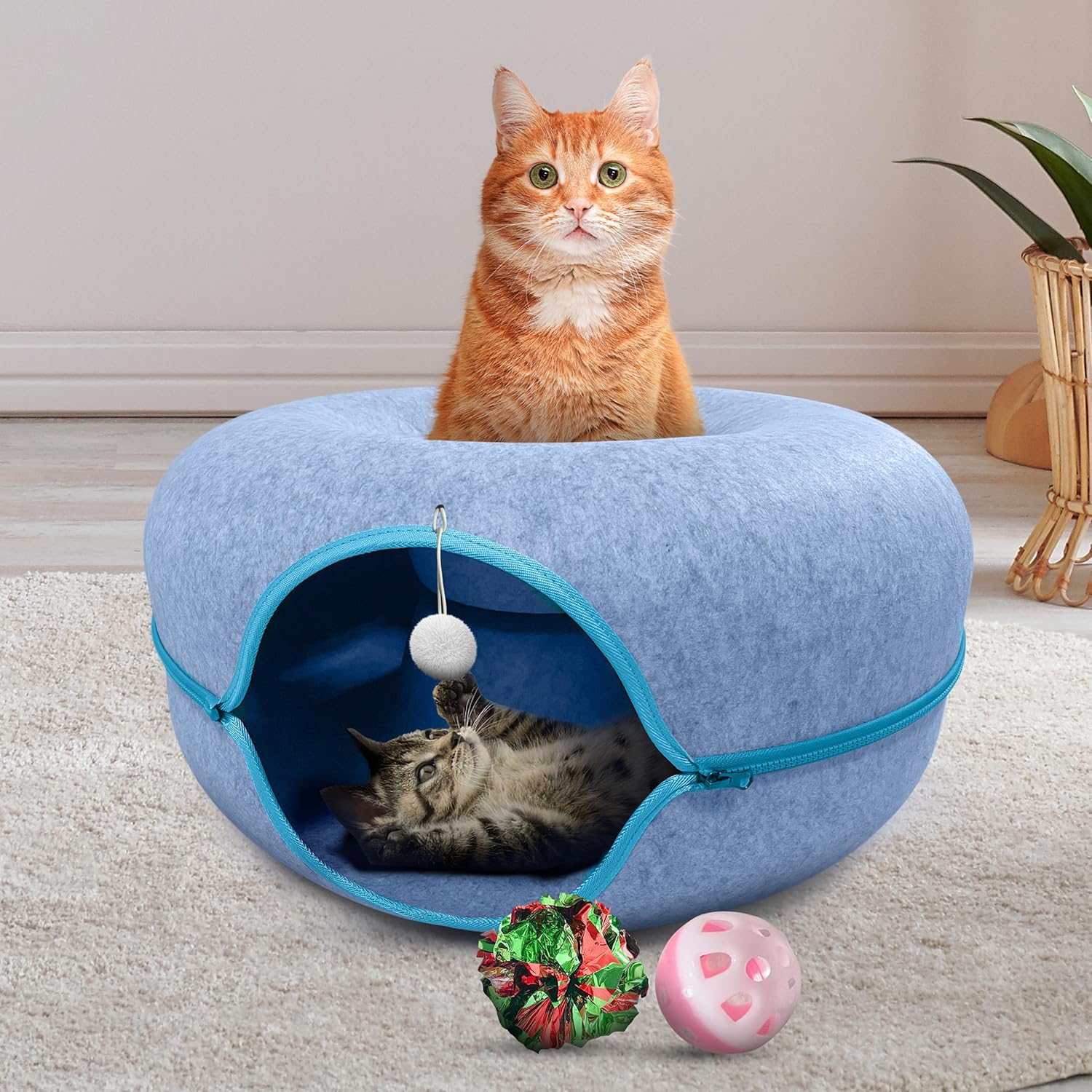 Okoco Cat Tunnel Bed for Indoor Cats - 2-in-1 Donut Cave