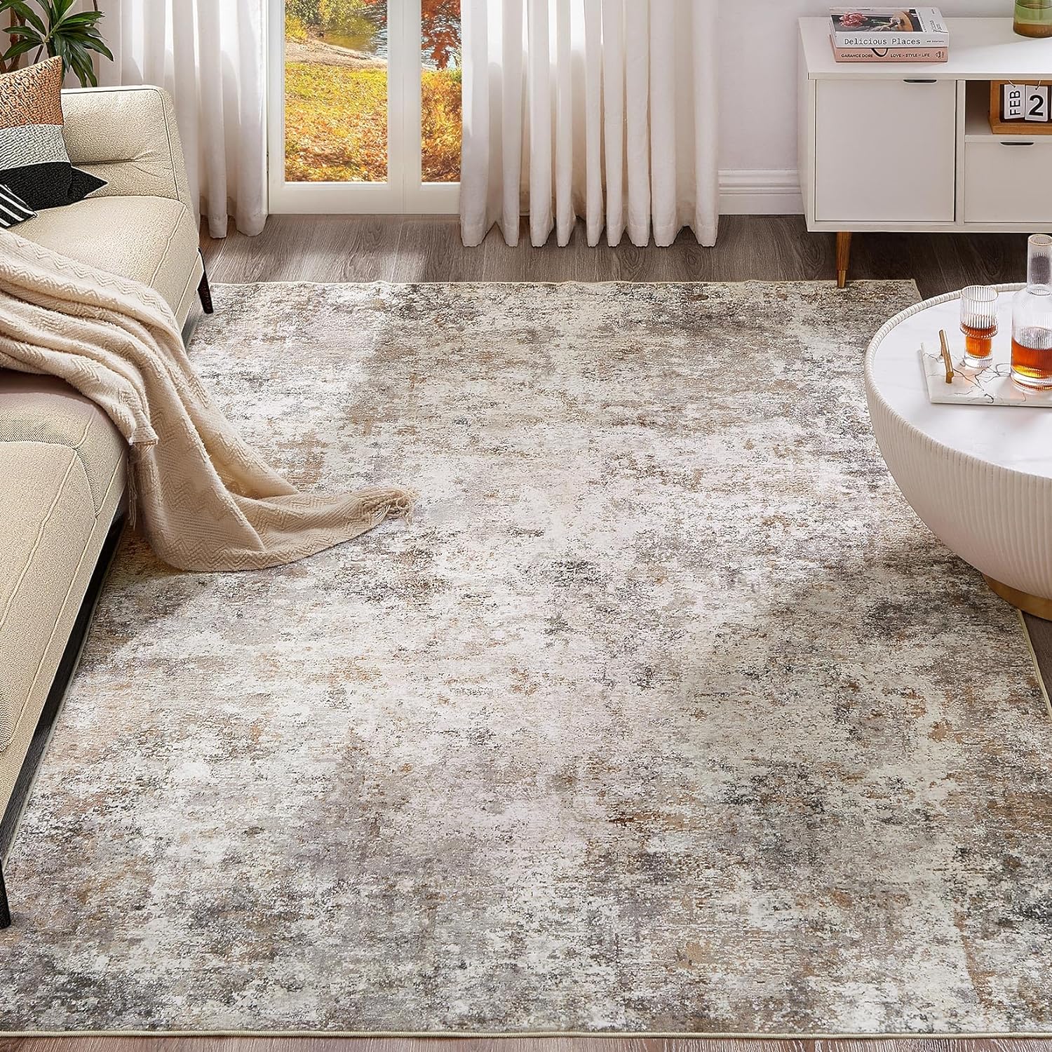 Washable Modern Abstract 6x9 Rug - Soft No Slip Carpet, Brown Grey
