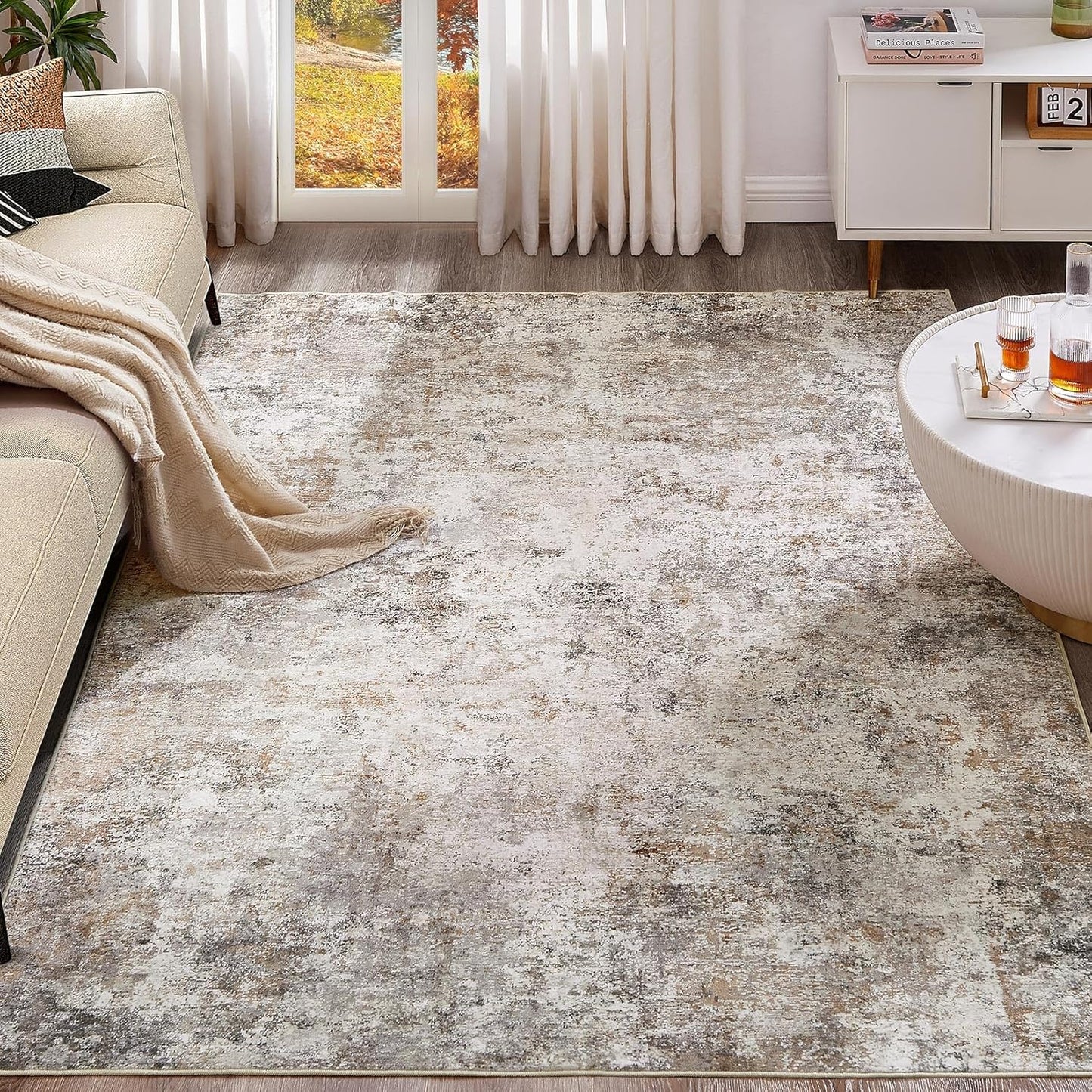 5x7 Area Rug for Living Room - Washable Neutral Abstract Design