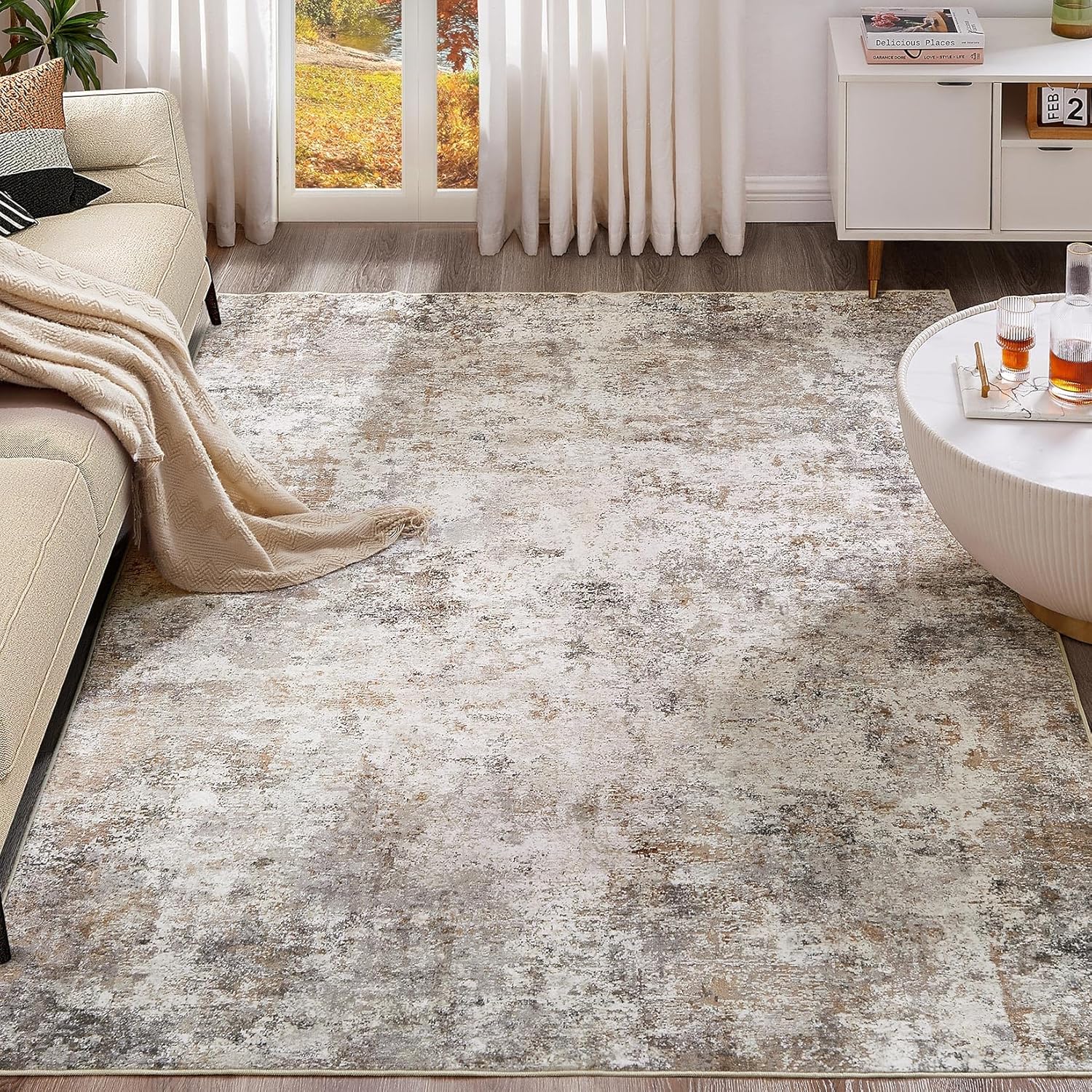 5x7 Area Rug for Living Room - Washable Neutral Abstract Design