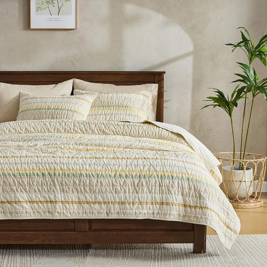 100% Cotton Quilt Set Queen Size Striped Fall Bedding Cozy