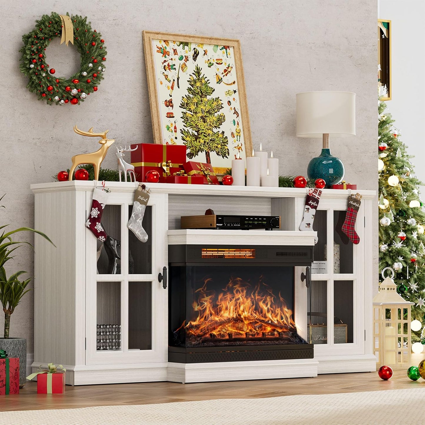 White Wash Glass Fireplace TV Stand - Up to 65 TVs
