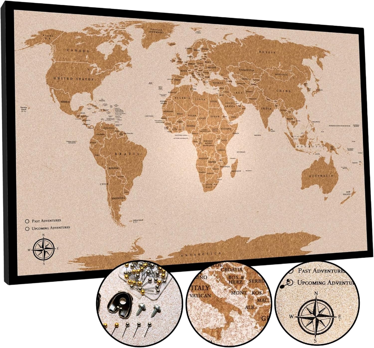 Push Pin World Travel Map 30in x 20in Framed Cork Board Art