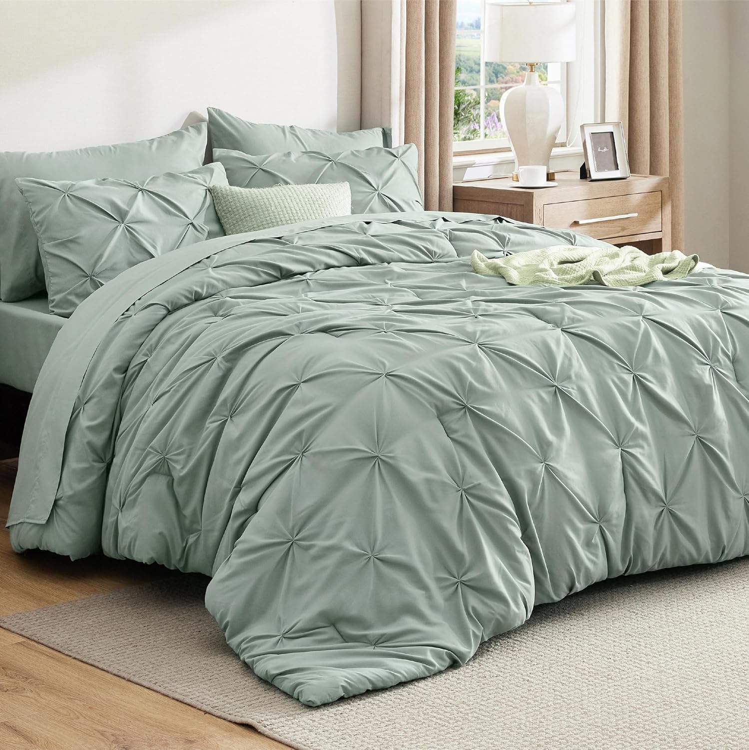 Oversized Queen Comforter Set in Sage Green - 7 Piece Bedding