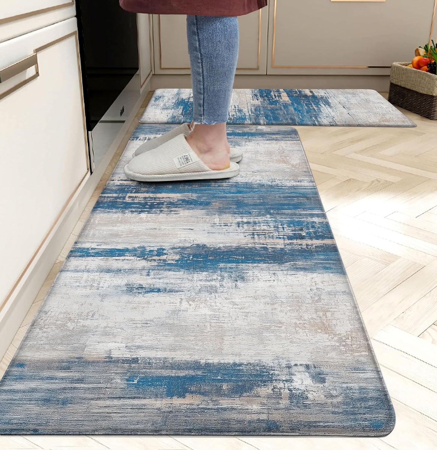 Blue Kitchen Rugs for Floor - Modern Abstract Anti Fatigue Mats