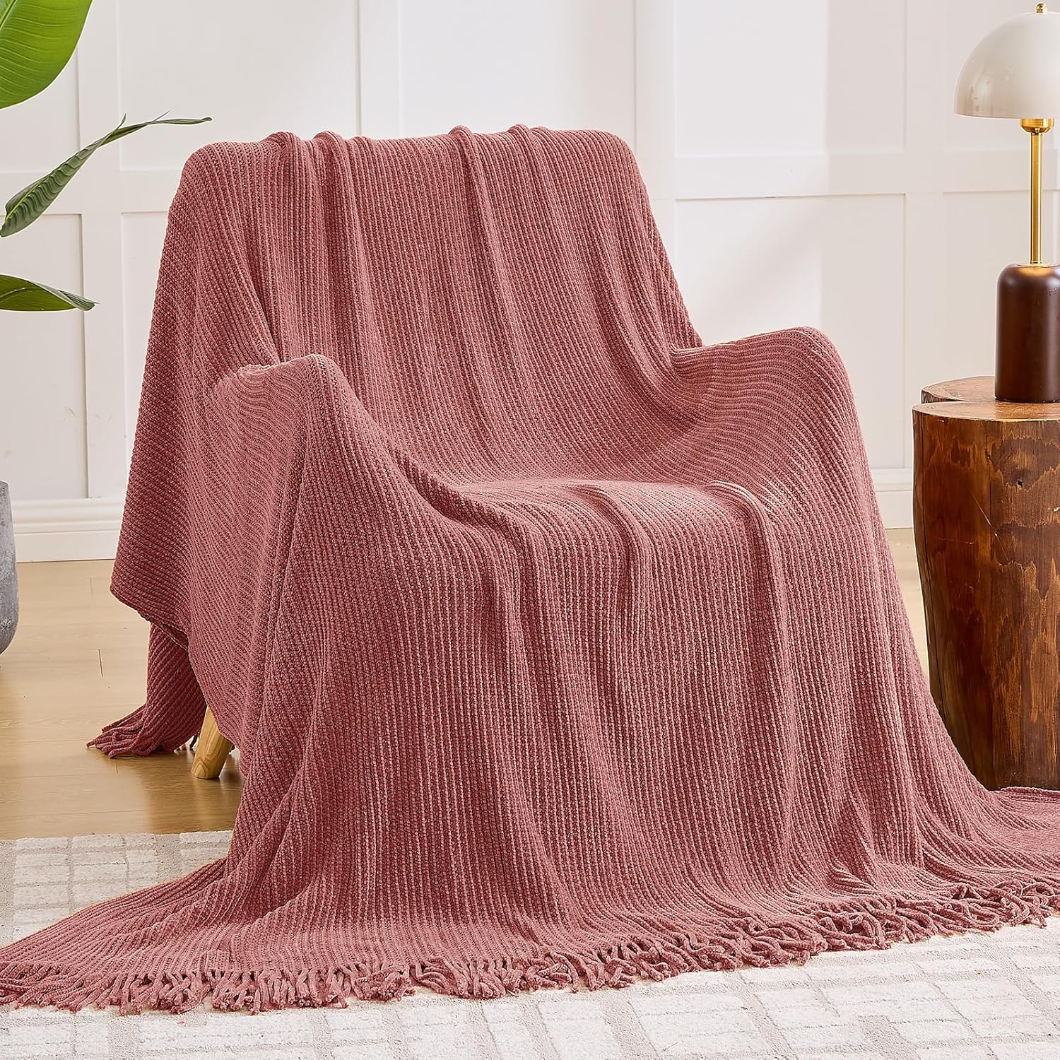 Coral Pink Throw Blanket for Couch Bed, Cozy Chenille Gift