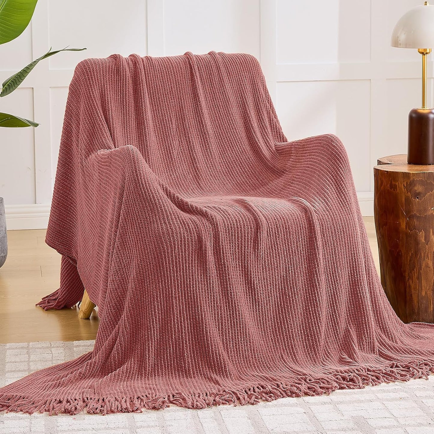 Cozy Coral Pink Throw Blanket for Couch Bed, Soft Chenille
