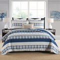 Blue White Tan Striped Queen Comforter Set - Breathable 100% Cotton