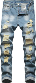 Men's Ripped Jeans Slim Fit Distressed Straight Leg Denim Pants Zipper