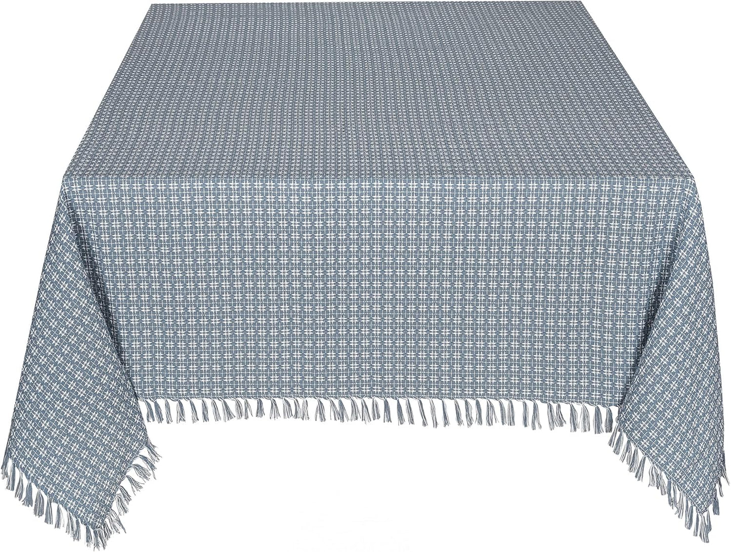 Wedgewood Blue/White Woven Fringed Cotton Table Cloth 60x84 in