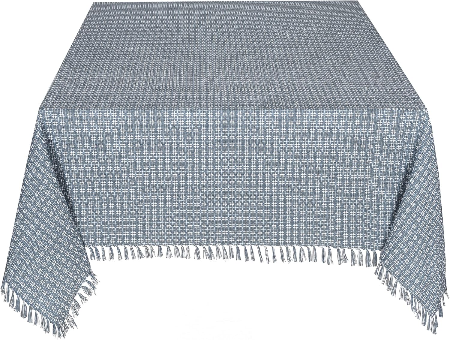 Wedgewood Blue/White Woven Fringed Cotton Table Cloth 60x84 in