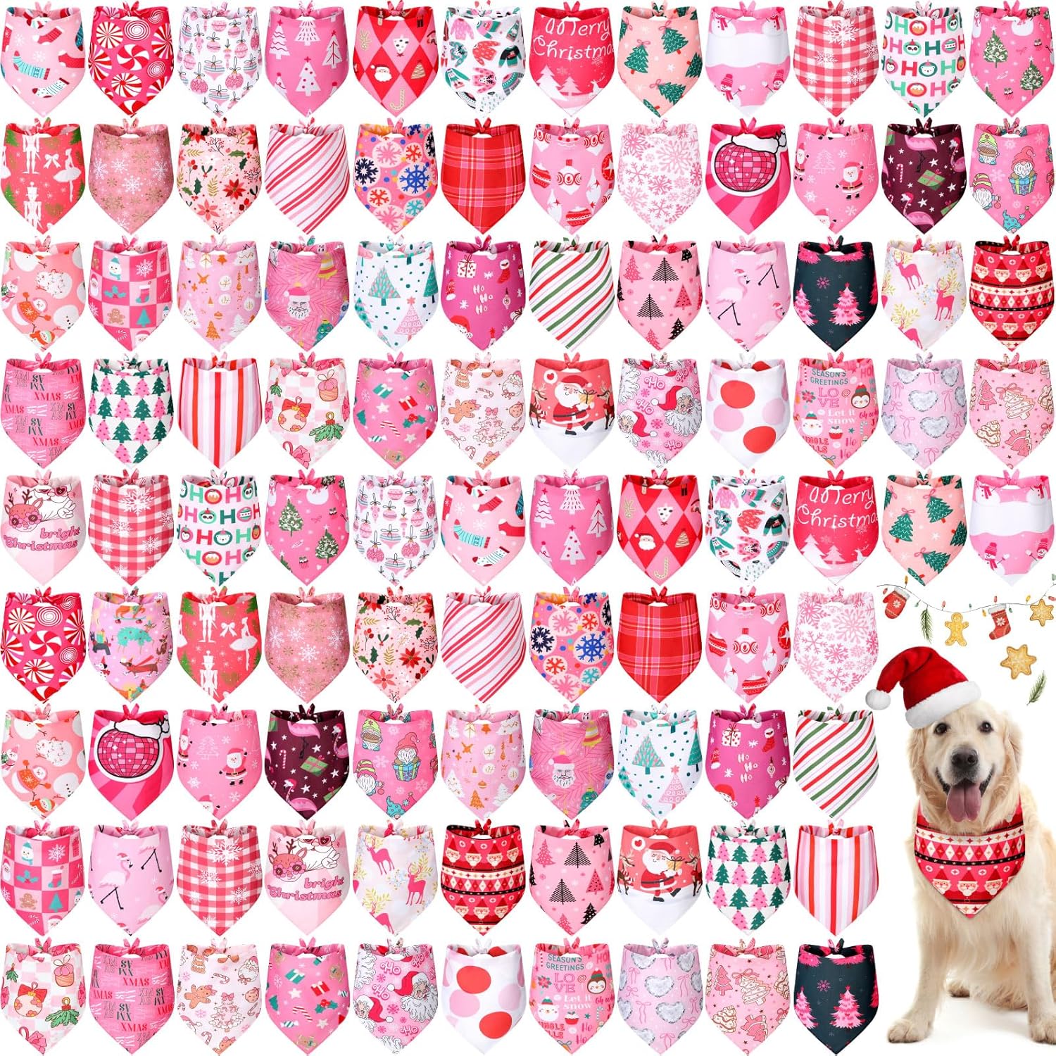 100 Pieces Pink Christmas Dog Bandanas for Festive Pets