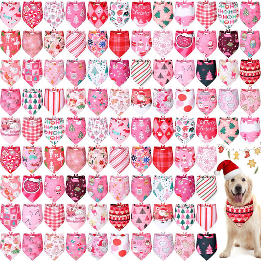 100 Pieces Pink Christmas Dog Bandanas for Festive Pets