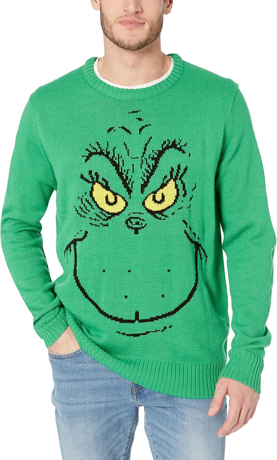 Festive Grinch Face Ugly Christmas Sweater - Dr. Seuss Style