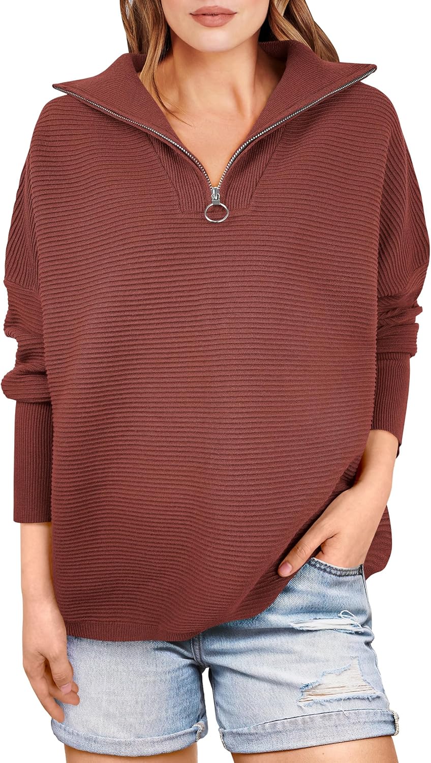 ANRABESS Women Quarter Zip Oversized Cozy Pullover Sweater