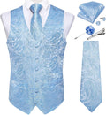 Mens Paisley Vest and Tie Set - Silk Blue Waistcoat 7PCS