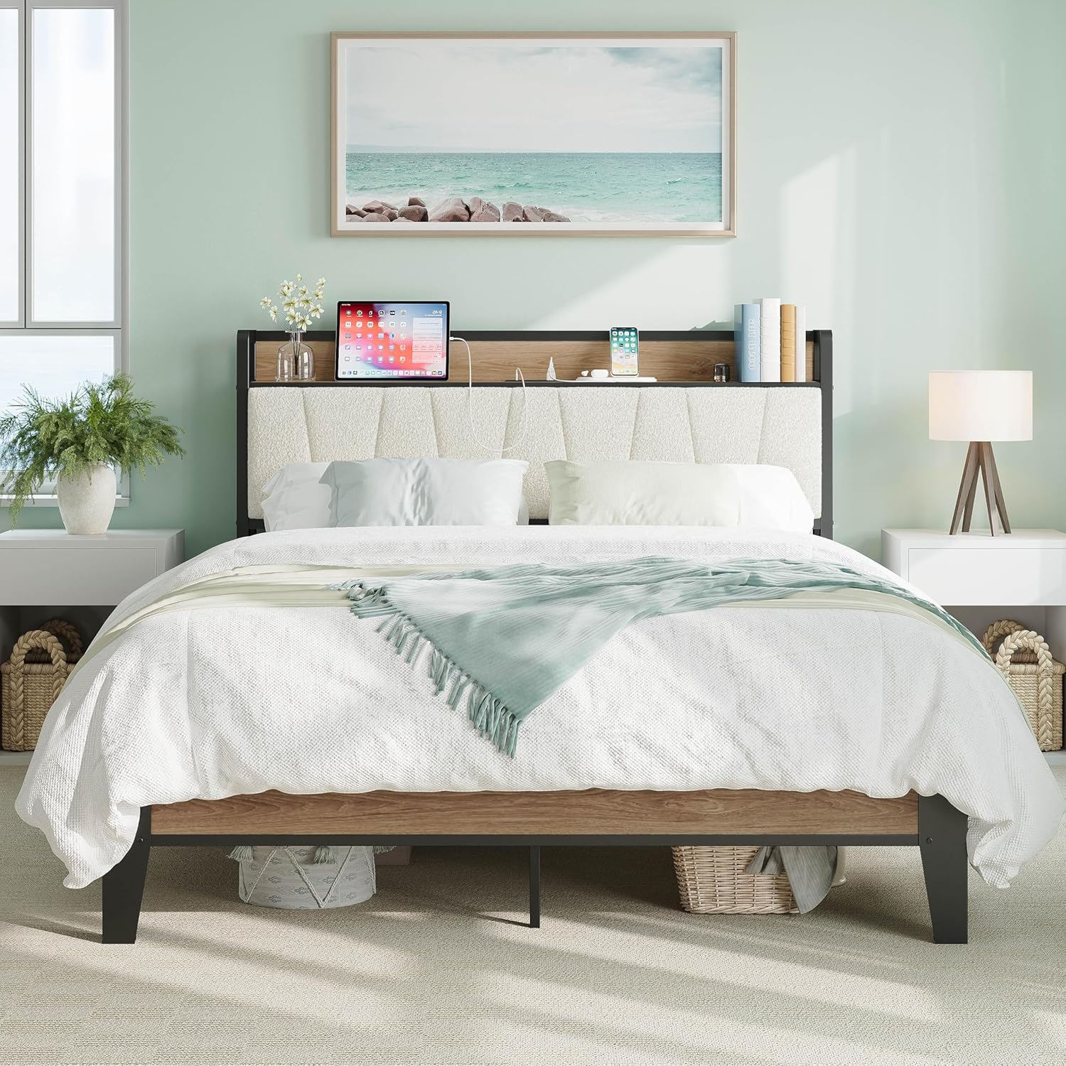 LIKIMIO Queen Bed Frame with Storage Headboard and Charging Station