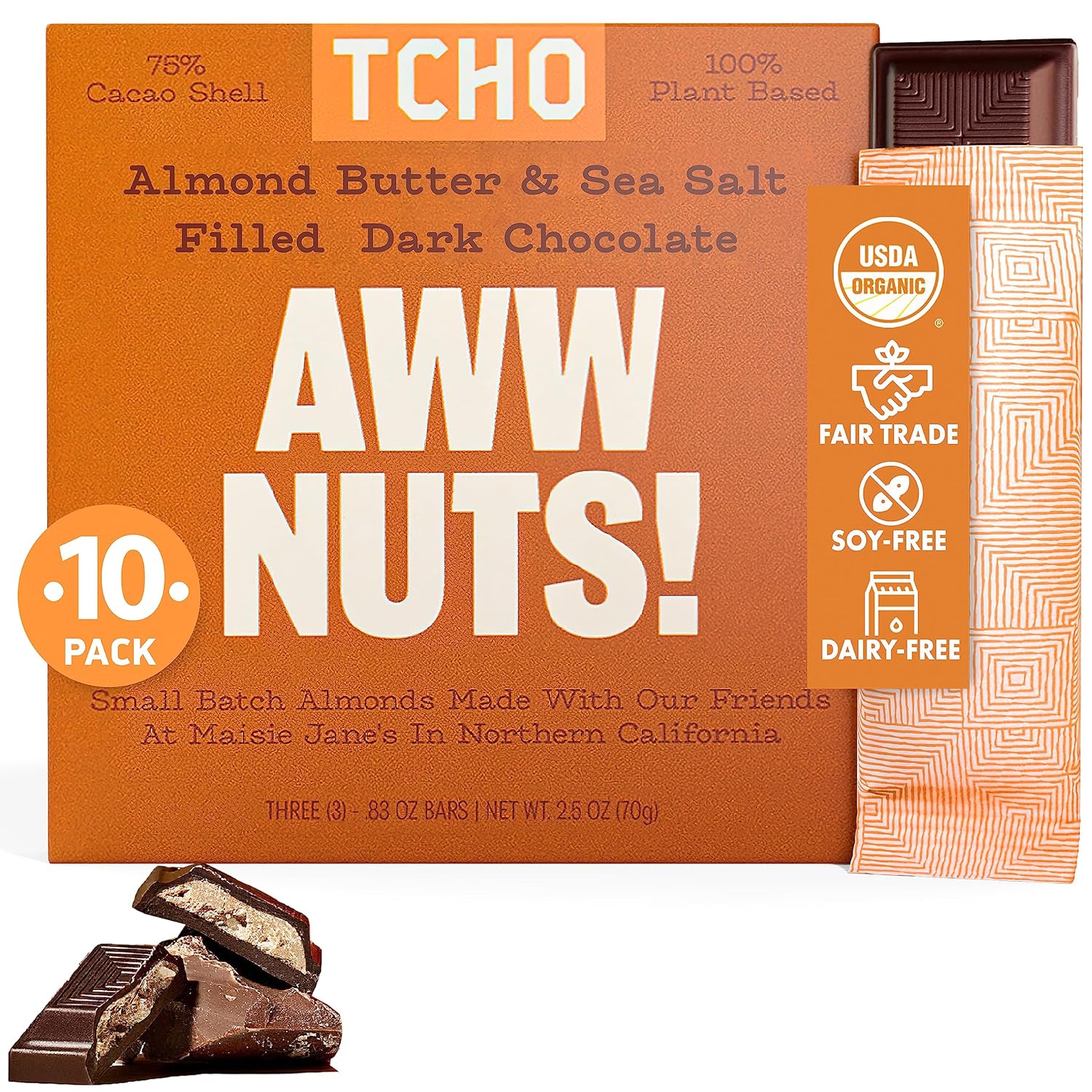 TCHO Aww Nuts! 75% Dark Chocolate Bars - Vegan & Fair Trade