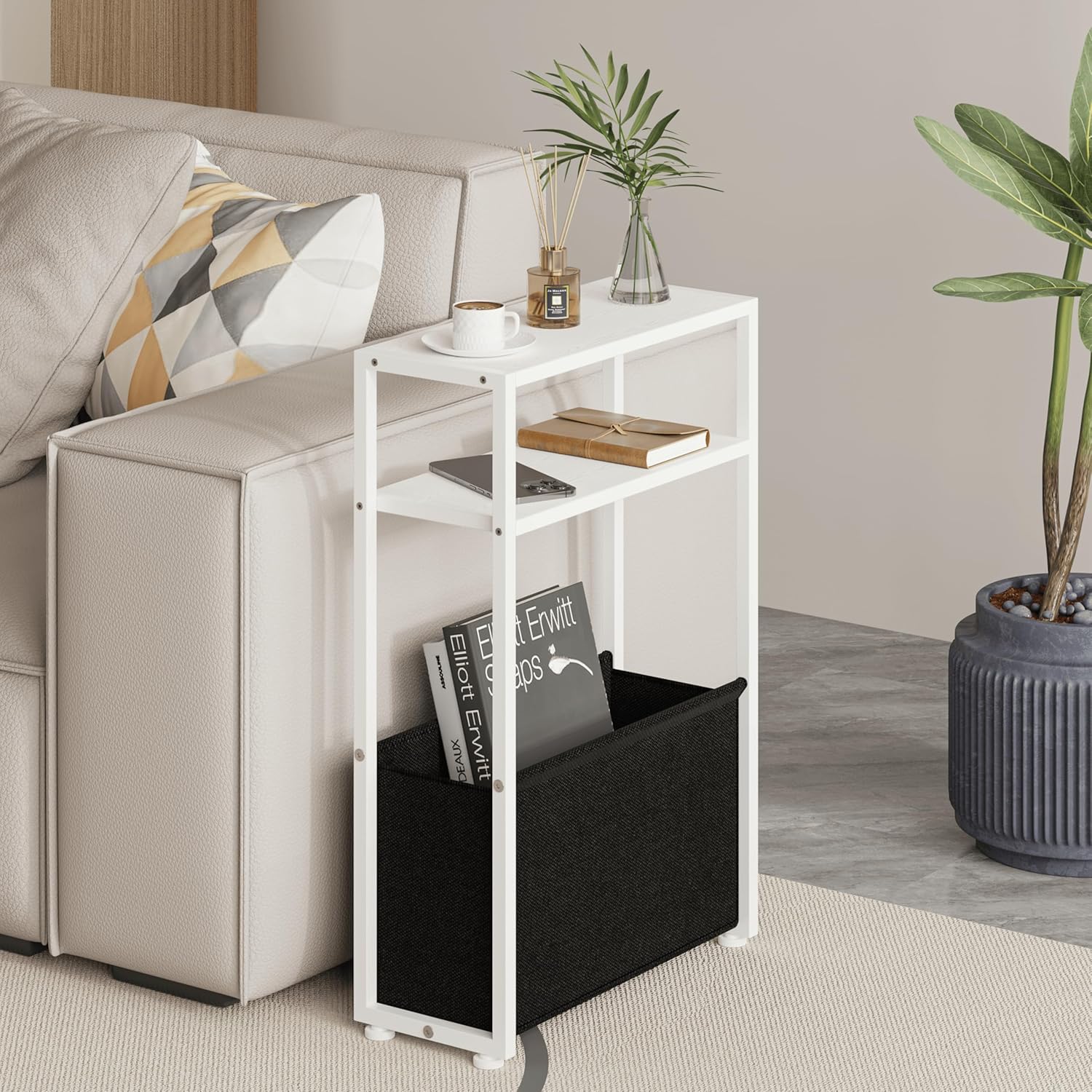 Narrow Side Table with Fabric Basket for Small Spaces