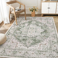 Washable 4x6 Vintage Tribal Area Rug - Low-Pile Sage