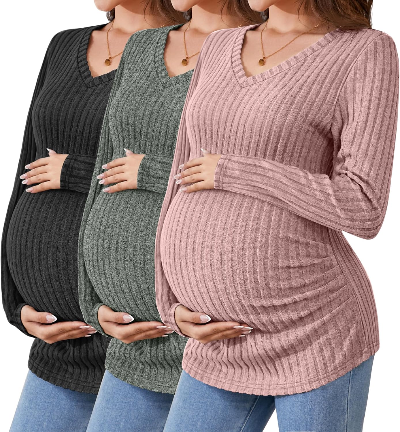Maternity Shirts 3 Pack Long Sleeve V Neck Ribbed Tops for Moms