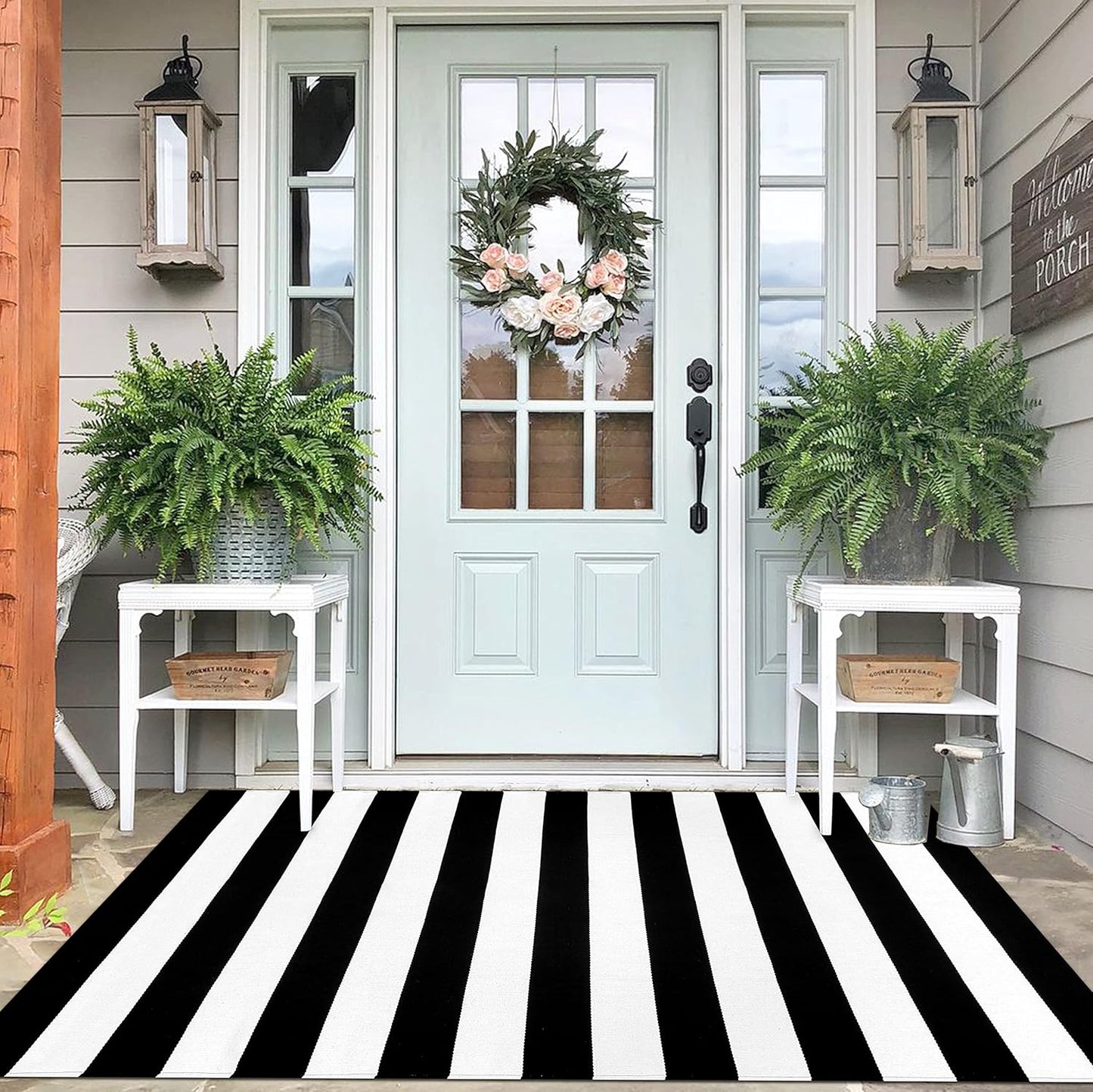 IOHOUZE Black White Striped Rug - Perfect for Front Door Decor