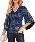 Sparkly Sequin Tops Womens V-Neck 3/4 Sleeve - Elegant Party Blouse