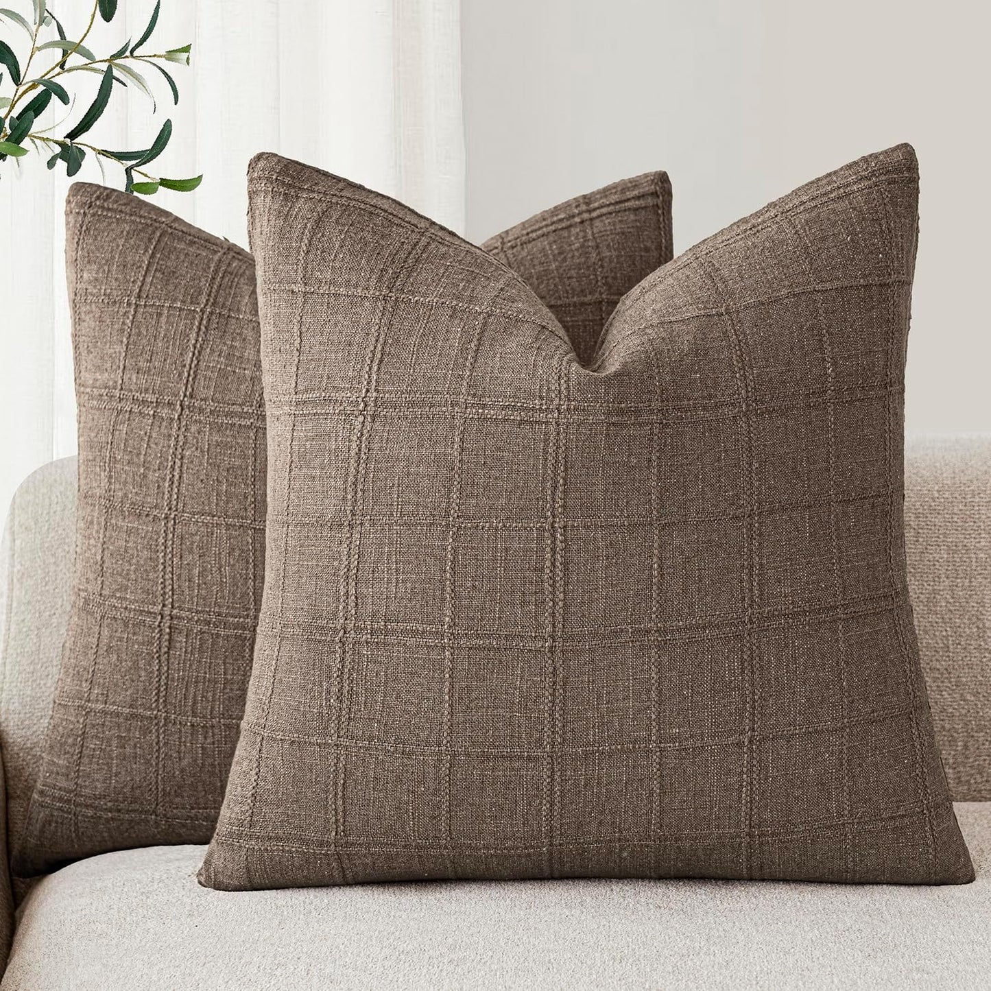 Foindtower Set of 2 Decorative Linen Check Throw Pillow Covers