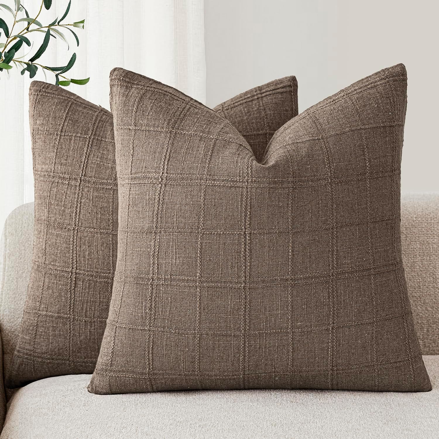 Foindtower Set of 2 Decorative Linen Check Throw Pillow Covers