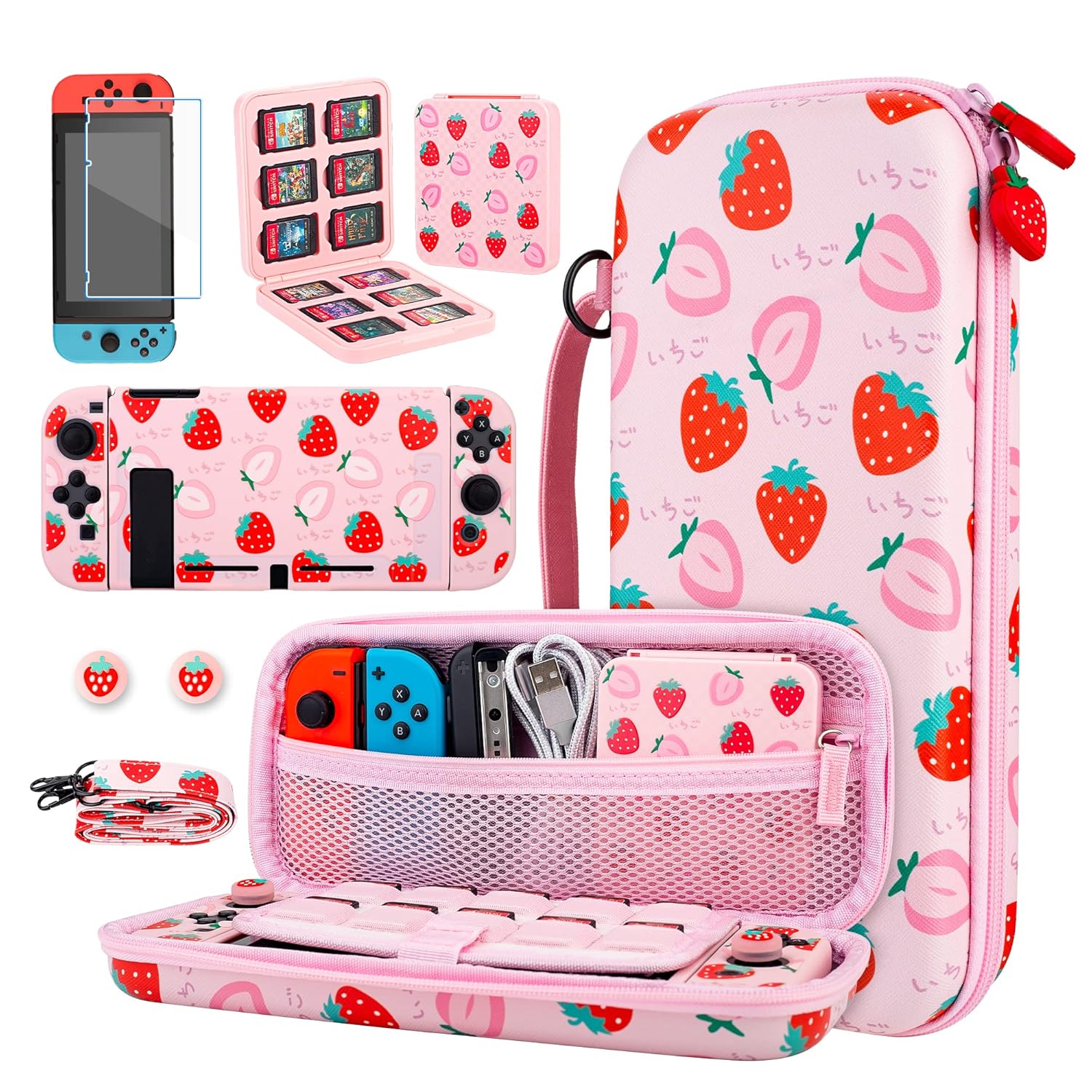 Cute Pink Strawberry Carrying Case Bundle for Nintendo Switch