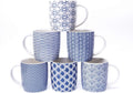 Set of 6 11.5 oz Coffee Mugs with Blue and White Geometric Patterns