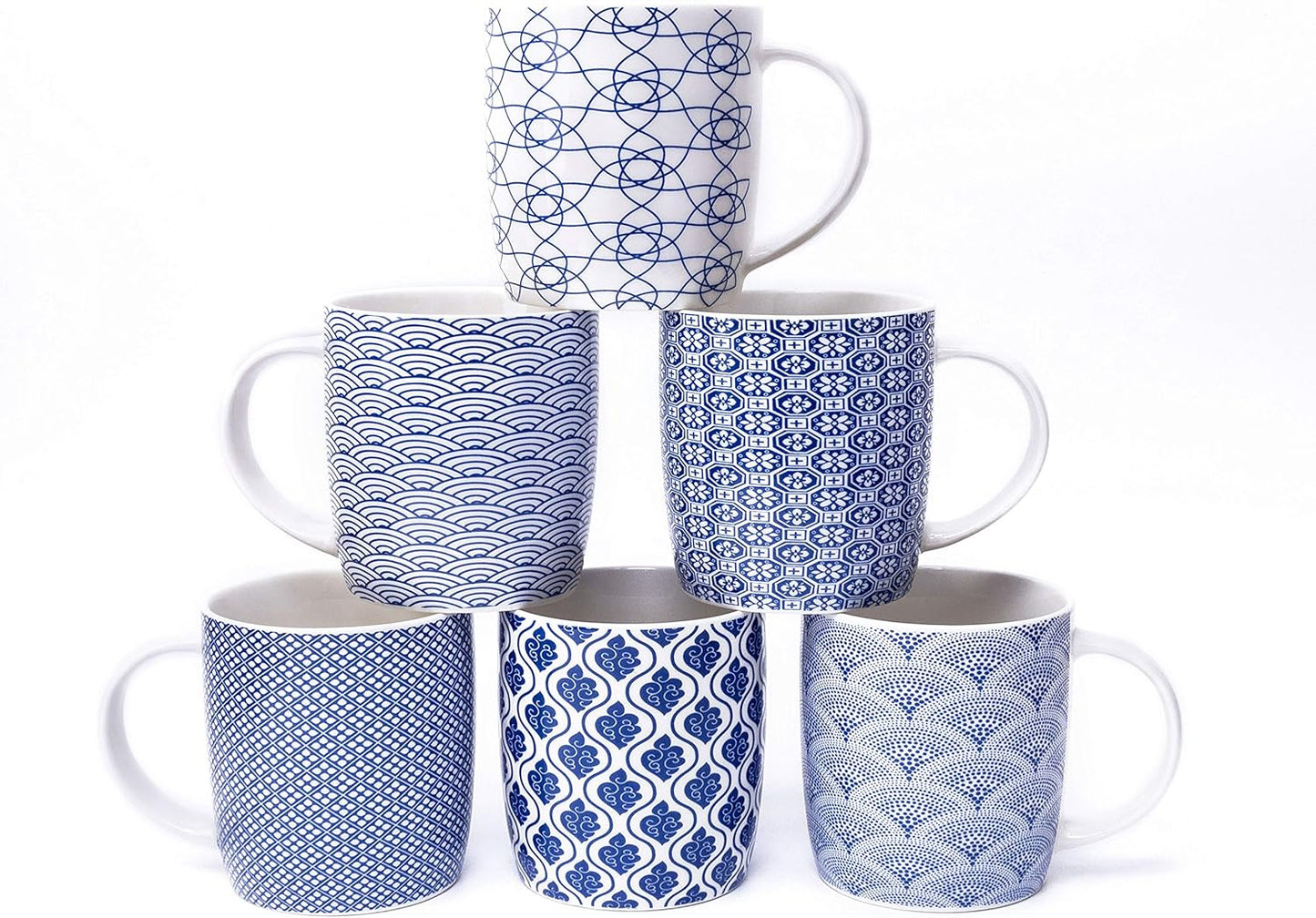 Set of 6 11.5 oz Coffee Mugs with Blue and White Patterns