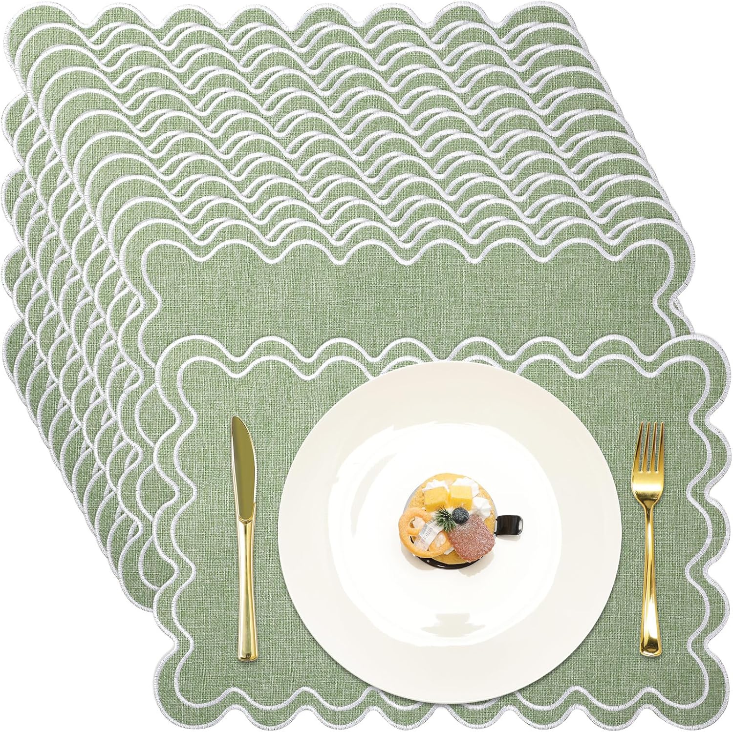 12 Set Linen Placemat with Wavy Embroidery for Elegant Dining