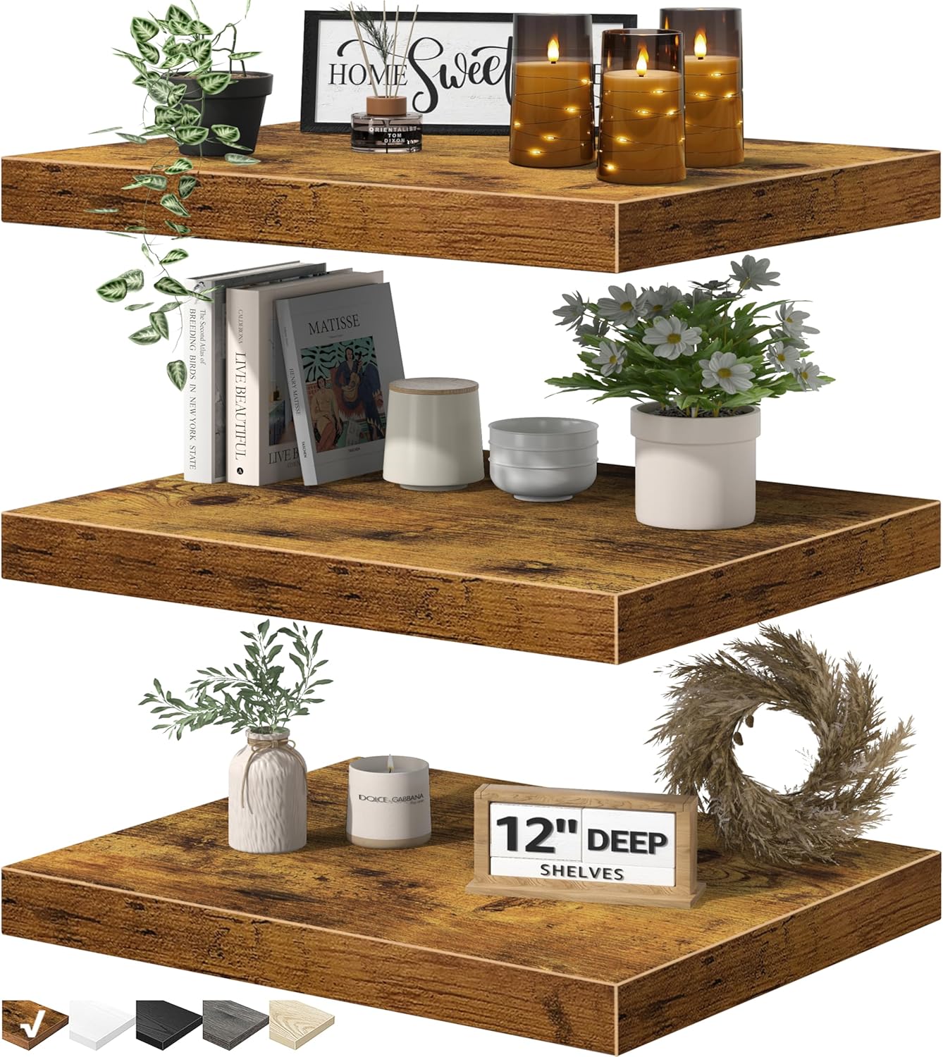 QEEIG 12 Deep Floating Shelves for Wall - Set of 3 Brown