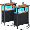 End Table Set 2 with Charging Station and LED Light - Slim Nightstand