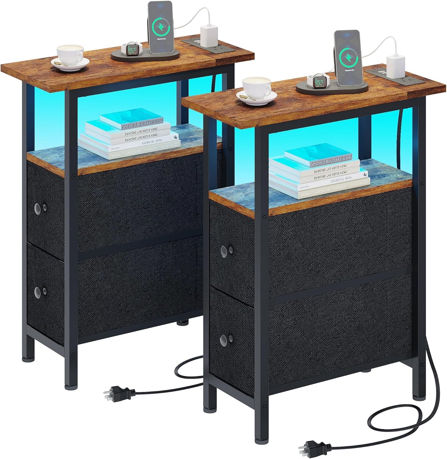 End Table Set with Charging Station and LED Light for Small Spaces